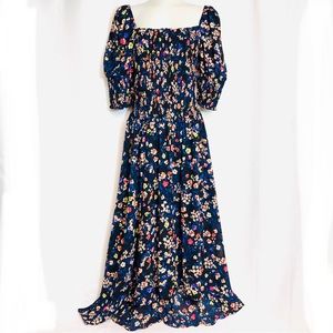 ANN TAYLOR Dark Blue Floral Smocked Square Neck Maxi Dress
